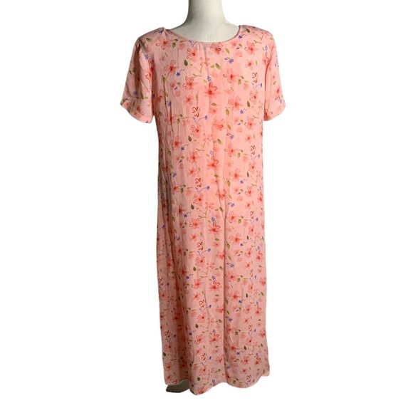 Vintage 90s Cottagecore Maxi Dress M Pink Slip Short Sleeve Round Neck Shift - Picture 4 of 7